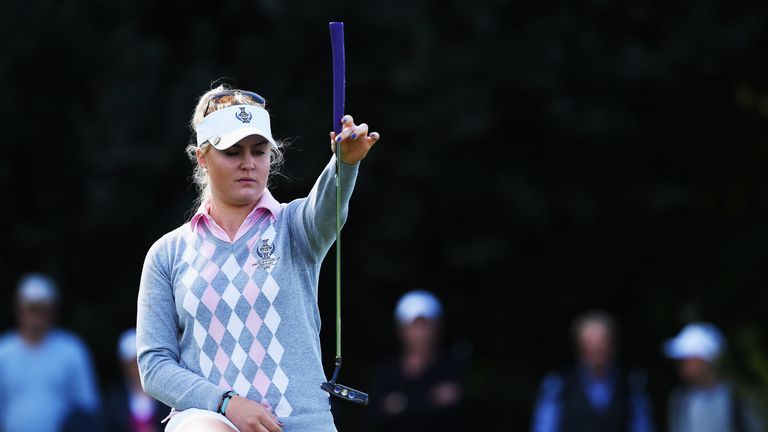 ST LEON-ROT, GERMANY - SEPTEMBER 19:  Charley Hull of team Europe lines up a putt during the morning foursomes matches at The Solheim Cup at St Leon-Rot Go