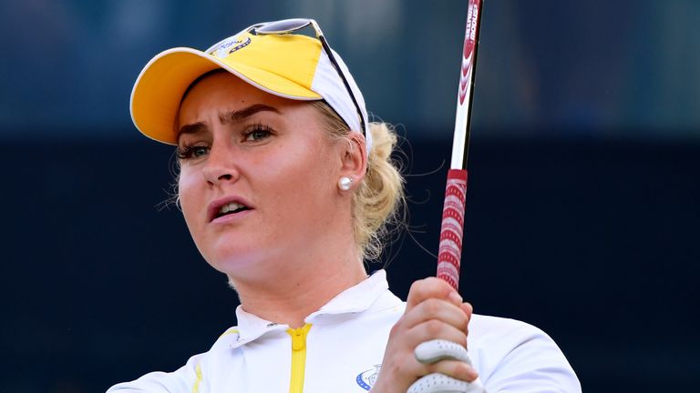 WEST DES MOINES, IA - AUGUST 18:  Charley Hull of Team Europe watches her tee shot on the 17th hole with a taped wrist during the afternoon four-ball match