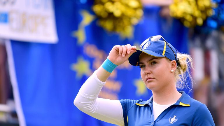 WEST DES MOINES, IA - AUGUST 20:  Charley Hull of Team Europe stands on the first tee before her match against Brittany Lang of Team USA during the final d
