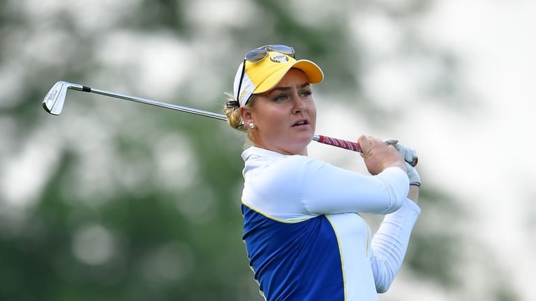 WEST DES MOINES, IA - AUGUST 18:  Charley Hull of Team Europe plays a shot during the morning foursomes matches of The Solheim Cup at Des Moines Golf and C