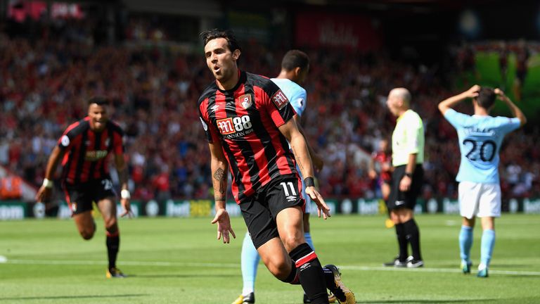 BOURNEMOUTH, ENGLAND - AUGUST 26: Charlie Daniels of AFC Bournemouth celebrates scoring his sides first goal during the Premier League match between AFC Bo