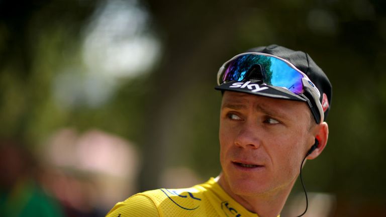 Christopher Froome of Great Britain riding for Team Sky in the leader's jersey waits to go on the sign in podium stage 19 of the 2017 Tour de France