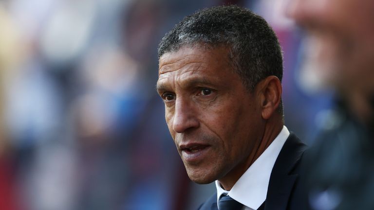 BIRMINGHAM, ENGLAND - MAY 07: Chris Hughton mamnager of Brighton and Hove Albion looks on prior to the Sky Bet Championship match between Aston Villa and B