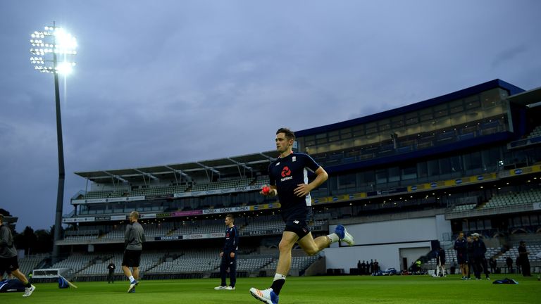 BIRMINGHAM, ENGLAND - AUGUST 14:  Chris Woakes of England runs into bowl during a nets session at Edgbaston on August 14, 2017 in Birmingham, England.  (Ph