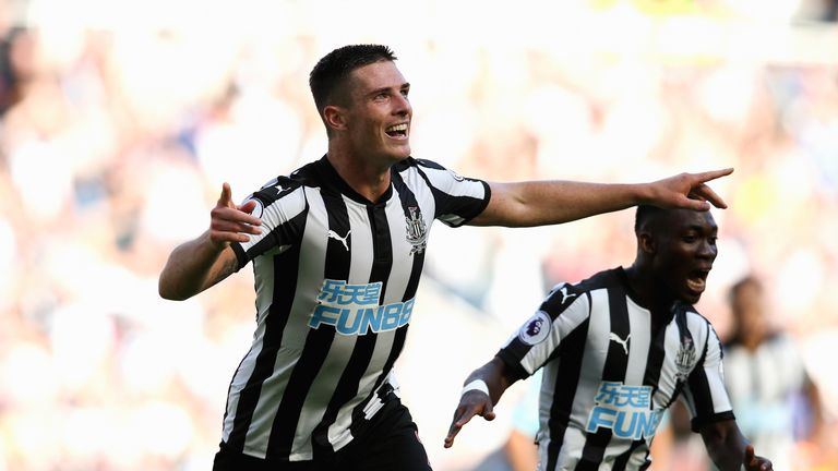 Ciaran Clark celebrates after giving Newcastle a 2-0 lead against West Ham