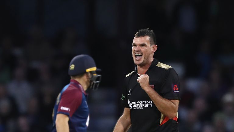 NORTHAMPTON, ENGLAND - AUGUST 11:  Clint McKay of Leicestershire celebrates after trapping Ben Duckett LBW during the NatWest T20 Blast match between the N