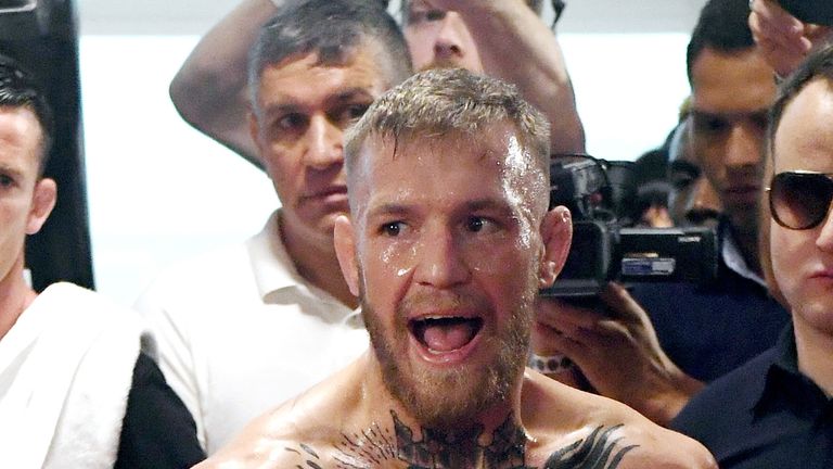 UFC lightweight champion Conor McGregor holds a media workout at the UFC Performance Institute on August 11, 2017 in Las Vegas.