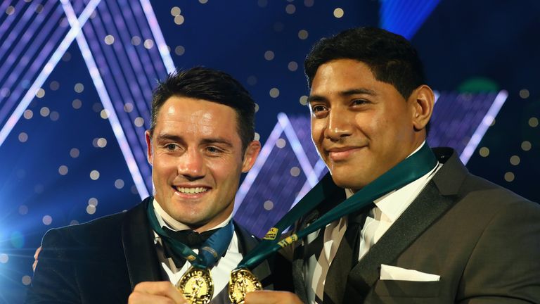 SYDNEY, AUSTRALIA - SEPTEMBER 28:  Cooper Cronk of the Melbourne Storm and Jason Taumalolo of the North Queensland Cowboys pose after being announced joint