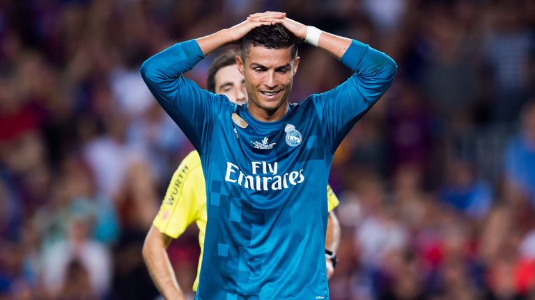 Cristiano Ronaldo reacts to a red card for simulation during the Spanish Super Cup Final, 1st Leg