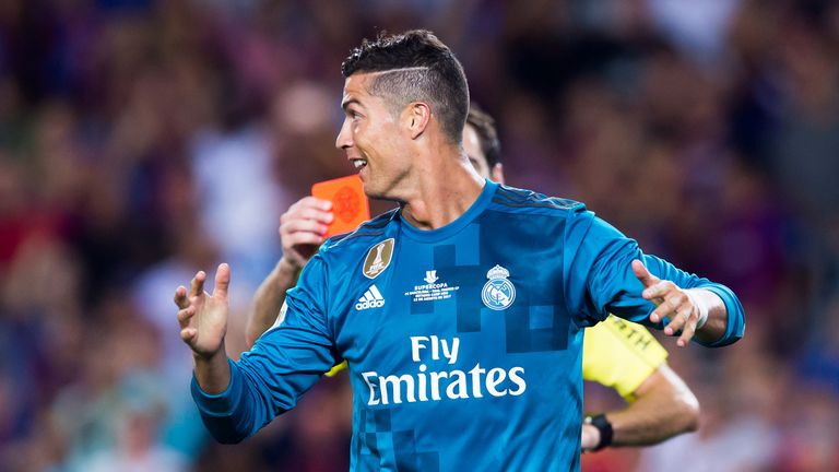 Cristiano Ronaldo reacts to his red card during the Spanish Super Cup Final, 1st Leg