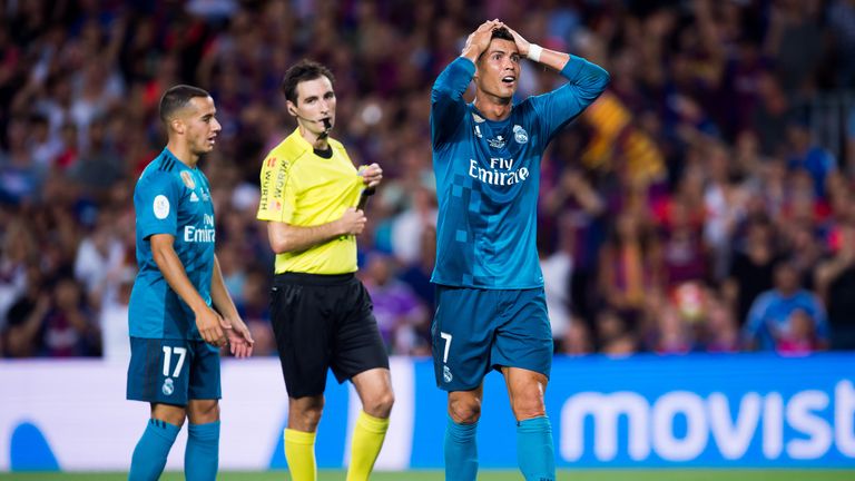 Cristiano Ronaldo reacts in disbelief after bering shown a red card for simulation during the Spanish Super Cup Final, First Leg