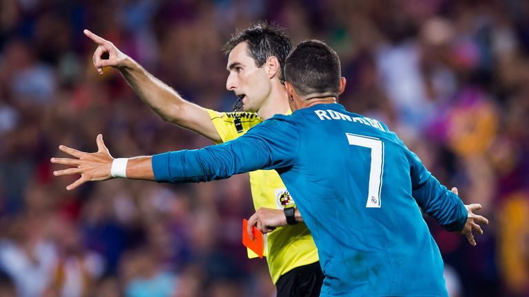 Cristiano Ronaldo reacts to his red card during Spanish Super Cup Final, 1st Leg at the Nou Camp