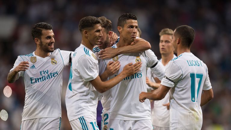 MADRID, SPAIN - AUGUST 23: Cristiano Ronaldo of Real Madrid CF celebrates after scoring his teamÕs 2nd goalduring the Santiago Bernabeu Trophy match betwe