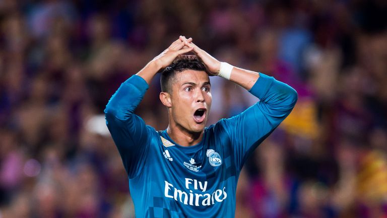BARCELONA, SPAIN - AUGUST 13: Cristiano Ronaldo of Real Madrid CF reacts as he is shown a red card during the Supercopa de Espana Supercopa Final 1st Leg m