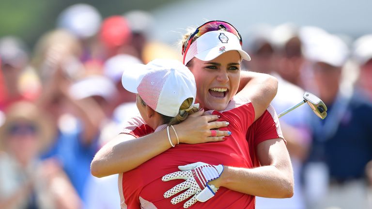 WEST DES MOINES, IA - AUGUST 18:  Cristie Kerr and Lexi Thompson of Team USA celebrate halving their match during the morning foursomes matches of The Solh