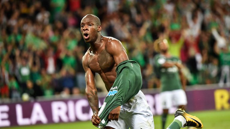 Saint-Etienne's French midfielder Bryan Dabo celebrates after scoring a goal during the French L1 football match between Saint-Etienne (ASSE) and Amiens (A