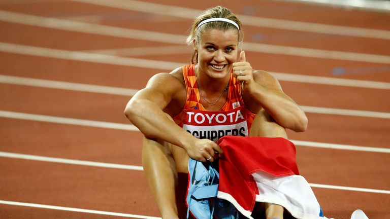 Dafne Schippers celebrates after winning gold in the women's 200 metres final