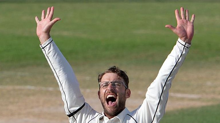 New Zealand left-arm spinner Daniel Vettori makes a successful appeal for a leg before wicket decision against Pakistani batsman Mohammad Talha during the 