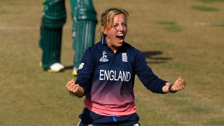 BRISTOL, ENGLAND - JULY 05:  England bowler Danielle Hazell celebrates after taking a wicket during the ICC Women's World Cup 2017 match between England an