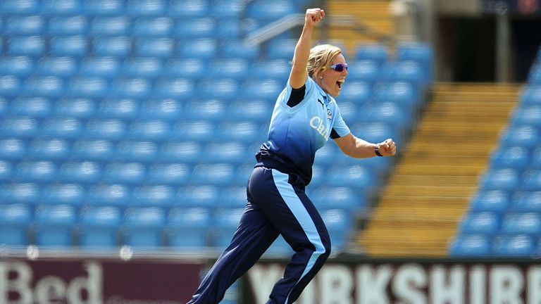 LEEDS, ENGLAND - JULY 30: Danielle Hazell of Yorkshire celebrates the dismissal of Georgia Elwiss of Lougborough during the inaugural Kia Super League wome
