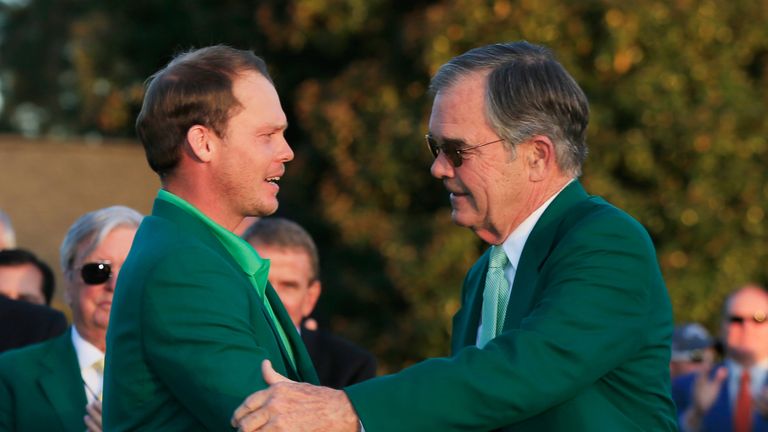 AUGUSTA, GA - APRIL 10:  Danny Willett of England celebrates his victory with William Porter "Billy" Payne after the final round of the 2016 Masters Tourna
