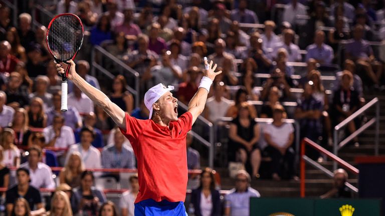 Denis Shapovalov of Canada celebrates his victory over Adrian Mannarino of France during day eight of the 2017 Montreal Masters