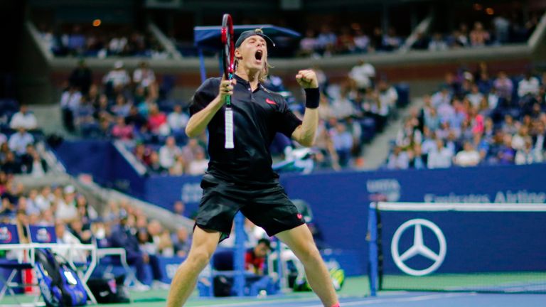 Canada's Denis Shapovalov celebrates after wining a point against France's Jo-Wilfried Tsonga during their 2017 US Open Men's Singles match at the USTA Bil