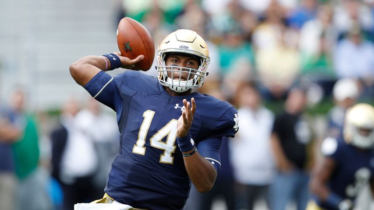 SOUTH BEND, IN - SEPTEMBER 10: DeShone Kizer #14 of the Notre Dame Fighting Irish passes against the Nevada Wolf Pack in the first half of the game at Notr