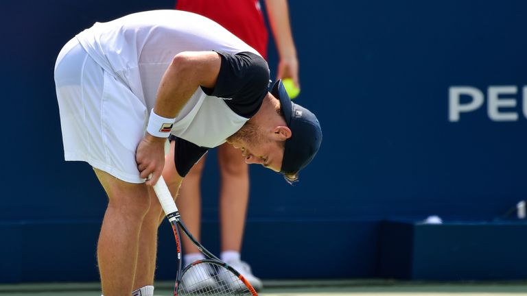 MONTREAL, QC - AUGUST 11:  Diego Schwartzman of Argentina reacts after losing a point against Robin Haase of Netherlands during day eight of the Rogers Cup