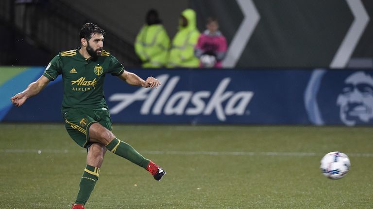Diego Valeri #8 of the Portland Timbers scores on a penalty kick during the second half of the match against the Minnesota United 