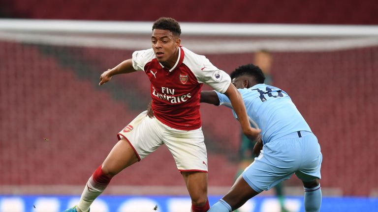 Arsenal's Donyell Malen faces off against Manchester City for Arsenal's U-23's 