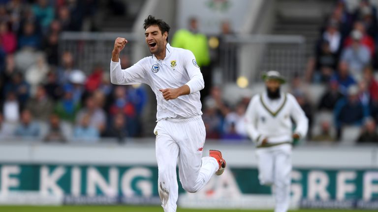 Duanne Olivier of South Africa celebrates dismissing Ben Stokes of England during day three of the 4th Investec Test