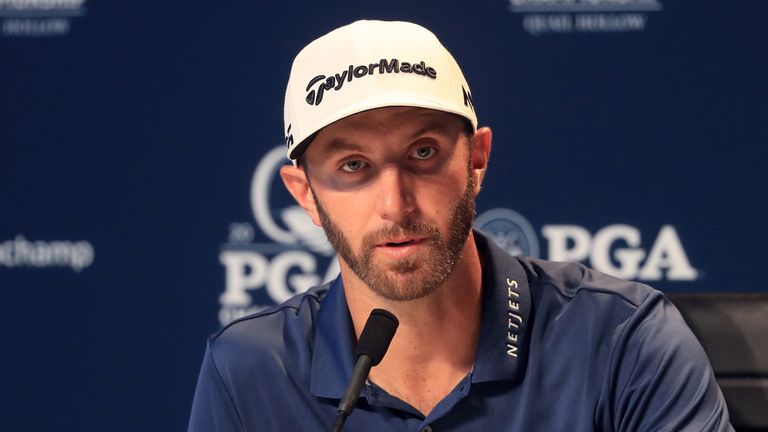 CHARLOTTE, NC - AUGUST 08:  Dustin Johnson of the United States speaks in a press conference during a practice round prior to the 2017 PGA Championship at 