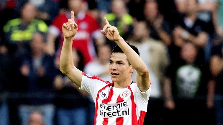 Eindhoven's Hirving Lozano (2ndL) celebrates after scoring during their Eredivisie soccer match Eindhoven (PSV) versus Alkmaar Zaanstreek (AZ) on August 12