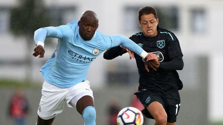 Eliaquim Mangala of Manchester City and Javier Hernandez of West Ham United battle for possession during a 2017/18 pre-season friendly.