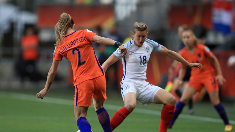 Desiree Van Lunteren (left) and England's Ellen White (right) battle for the ball in the first half