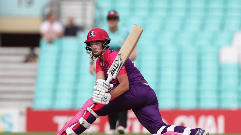 LONDON, ENGLAND - AUGUST 26: Elyse Villani of Loughborough Lightning sweeps the ball for four runs during the Kia Super League 2017 match between Surrey St