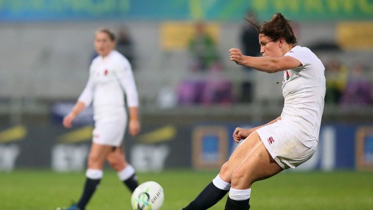 England's Emily Scarratt takes a penalty kick during the Women's Rugby World Cup 2017 semi-final match between England and France at The Kingspan Stadium i