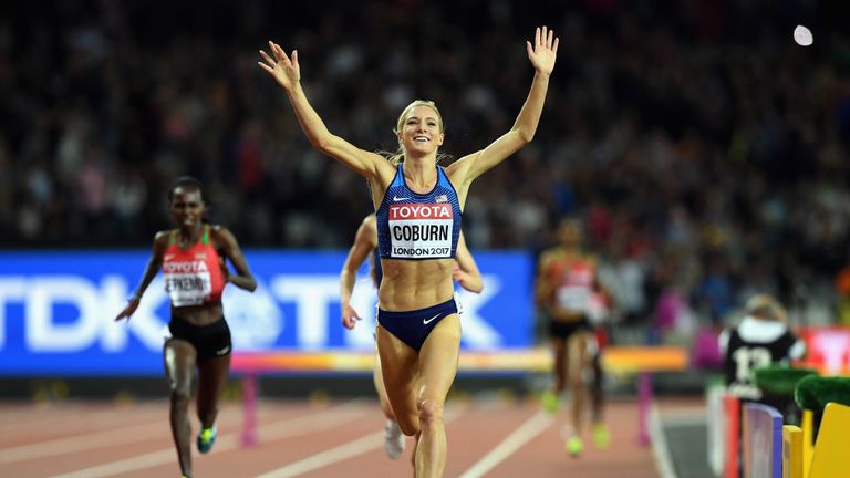 Emma Coburn of the United States celebrates victory in the 3000m steeplechase
