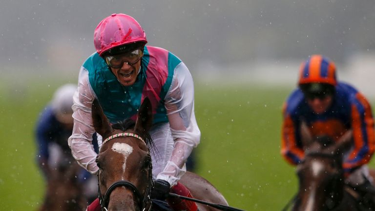 ASCOT, ENGLAND - JULY 29:  Frankie Dettori celebrates after riding Enable to win The King George VI And Queen Elizabeth Stakes at Ascot racecourse on July 