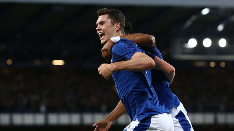 LIVERPOOL, ENGLAND - AUGUST 17:  Michael Keane of Everton celebrates his goal during the UEFA Europa League Qualifying Play-Offs round first leg match betw