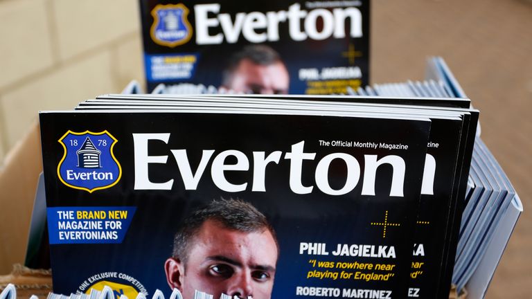 LIVERPOOL, ENGLAND - AUGUST 24: Match day programmes sit on display before the Barclays Premier League match between Everton and West Bromwich Albion at Go