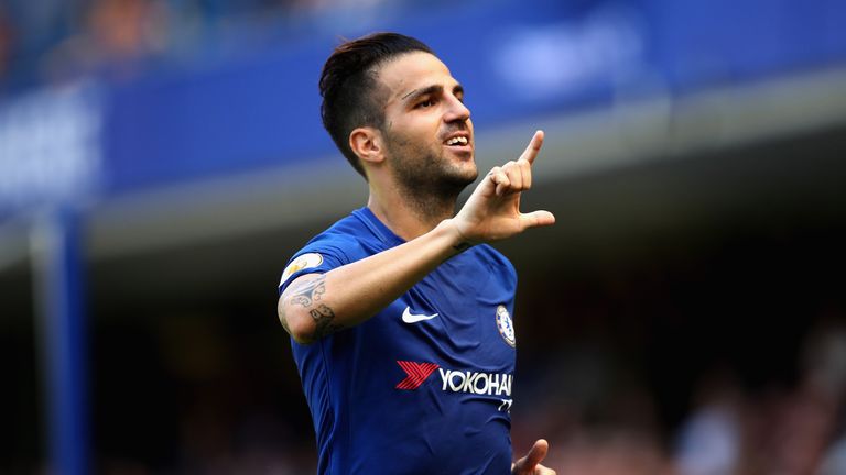 Cesc Fabregas celebrates after putting Chelsea ahead against Everton