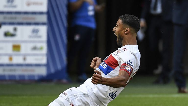 Lyon's French midfielder Nabil Fekir celebrates after scoring a goal during the L1 football match Olympique Lyonnais (OL) vs FC Girondins de Bordeaux (FCGB