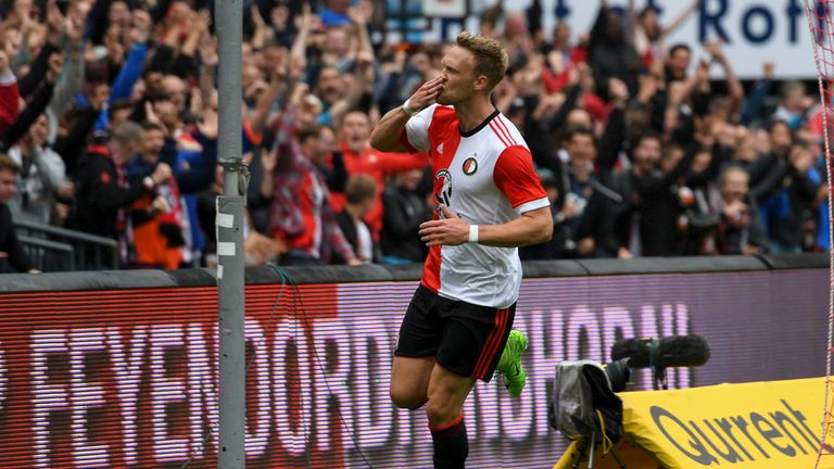 Nicolai Jorgensen from Feyenoord celebrates a goal during the friendly match against Real Sociedad 