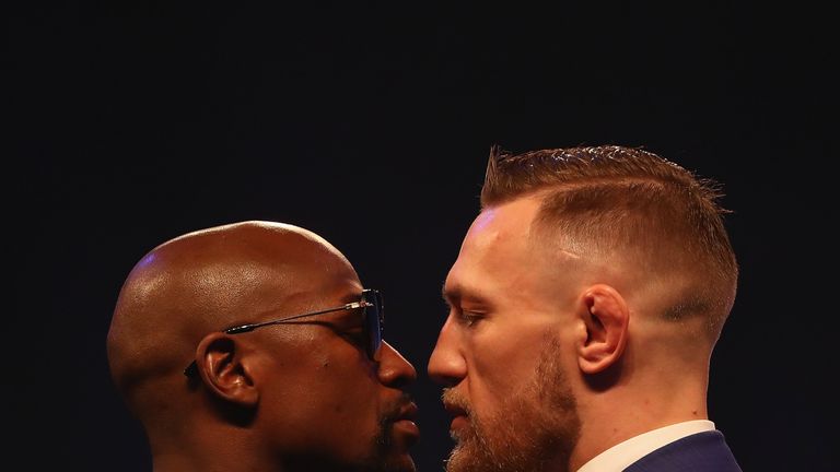 LONDON, ENGLAND - JULY 14:  Floyd Mayweather Jr. and Conor McGregor come face to face during the Floyd Mayweather Jr. v Conor McGregor