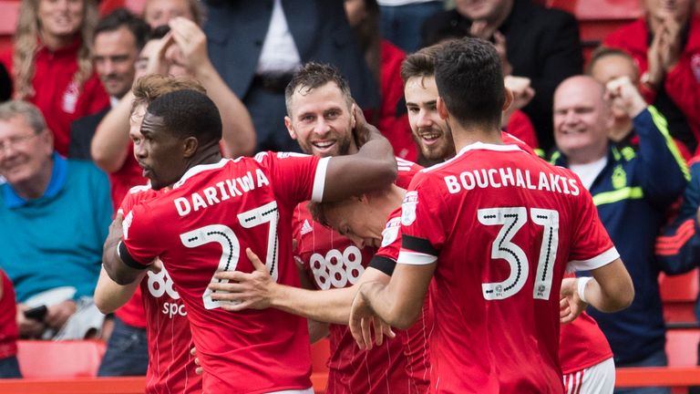 Daryl Murphy celebrates scoring Nottingham Forest's second goal from the penalty spot