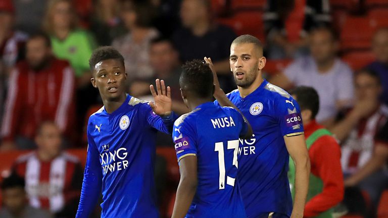 Demarai Gray celebrates scoring Leicester City's first goal of the game with team mate Ahmed Musa during the Carabao Cup 2nd rd tie v Sheffield United