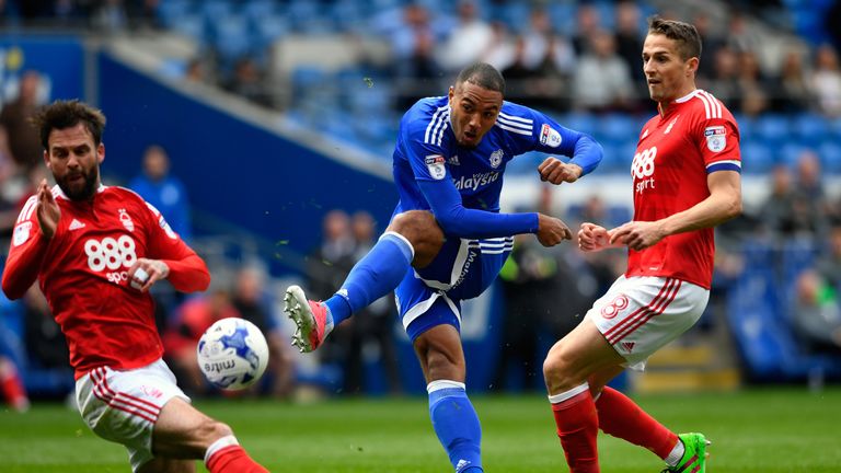 Cardiff striker Kenneth Zohore shoots on goal during the Sky Bet Championship match against Nottingham Forest on April 17, 2017
