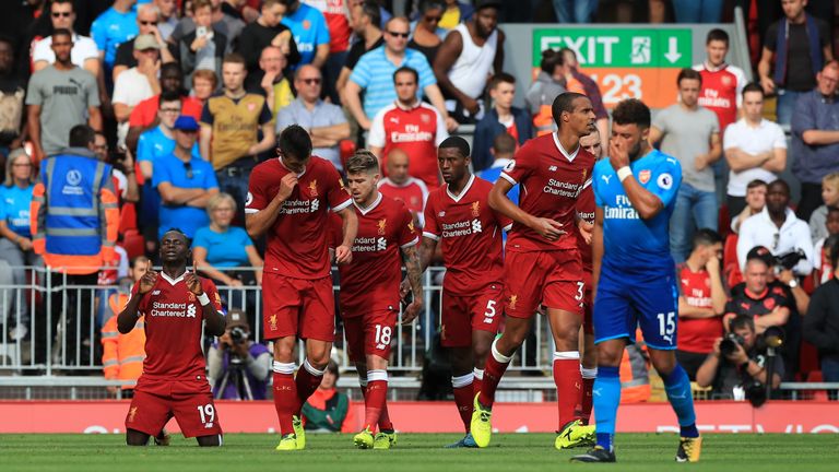 Liverpool's Sadio Mane celebrates scoring his side's second goal of the game during the Premier League match v Arsenal at Anfield, Liverpool